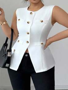 Elenzga 加大码优雅编织面料精致法式风格简约别致通勤百搭舒适前开式收腰背心，修身，女式夏季西装外套 - 白色 - 查看 4