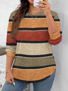 SHEIN CURVE+ 大码休闲条纹印花图案简约大码女式圆领长袖宽松华夫格卫衣，适合秋冬季节/2026/新年 - 彩色 - 查看 5