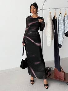 SHEIN 少女优雅弹力渐变色印花网眼褶饰长裙 - 彩色 - 查看 2