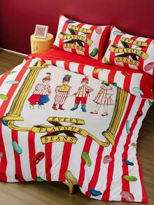 HARRY POTTER X SHEIN 三件套果冻豆印花床上用品套装，磨毛面料，柔软保暖，红色条纹被套，适用于单人床/双人床/大号床/特大号床，圣诞节礼物之选