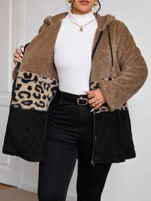 SHEIN Essnce Plus Size Casual Color Block Leopard Print Drawstring Hooded Jacket, Autumn/Winter Brown Jacket Women Brown Hoodie
