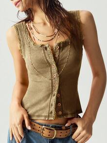 Bohemela Áo crop top đan trơn hở lưng cho nữ, giản dị và tôn dáng - màu nâu - Xem 4