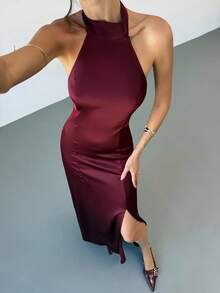 Aloruh 女士时尚优雅露肩开衩露背连衣裙 - 中紫紅色 - 查看 5