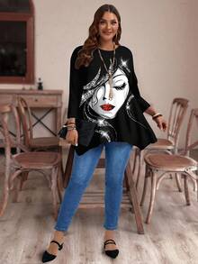 EMERY ROSE Plus Size Women's Casual Asymmetrical Hem Round Neck Loose 3/4 Sleeve T-Shirt, ,Spring/Summer/Vacation - Black - View 4