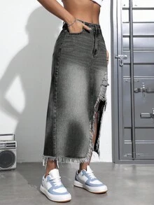 SHEIN SXY Váy denim xẻ tà thường ngày giặt tẩy cỡ lớn - Màu Xám nhạt - Xem 3