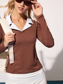 Gameset SHEIN Sport 女式撞色长袖运动 Polo 衫 - 棕色 - 查看 7