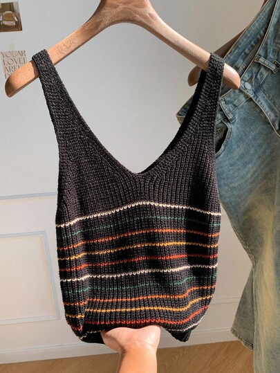 Comfortcana Women's Casual Black Striped Knit Top, Autumn,Fall