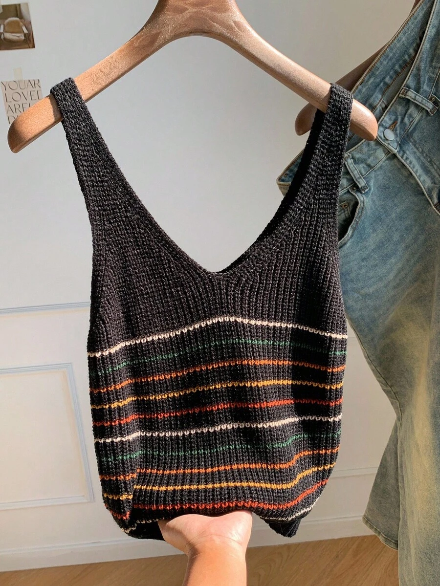 Comfortcana 大码休闲撞色条纹针织背心 - 黑色 - 查看 1