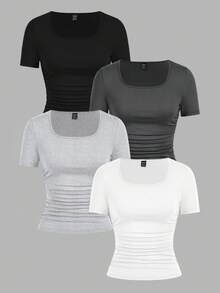 SHEIN EZwear 4件套休闲纯色圆领短袖T恤，黑色、白色、灰色可选，适合秋夏季节穿着，尺码齐全。 - 彩色 - 查看 13