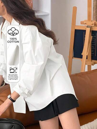 DAZY 女士宽松纯色翻领露背长袖衬衫，薄荷绿，春夏秋装