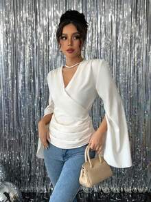 Rafferiza 女士纯色褶皱 V 领长袖休闲衬衫