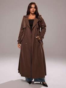 Rustia 大码女式纯色长袖双排扣长款休闲风衣 - 咖啡棕 - 查看 6