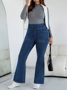 SHEIN CURVE+ 女士加大码深蓝色秋冬高腰弹力拉链喇叭牛仔裤，万圣节服装，乡村风格女装，时尚秋季 - 中等水洗藍 - 查看 4
