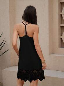 Wildy Váy ngắn màu mơ kiểu BOHO mùa hè, phong cách đồng quê Mỹ, áo hai dây ren phối màu, váy slip đen, váy viền ren đen, váy hai dây đen, váy hè đen, váy maxi đen, trang phục thường ngày cho nữ. - màu đen - Xem 2