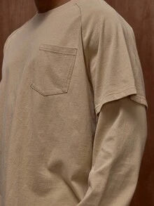 Musero Oversized Plain Layered Long Sleeve T-Shirt Front Pocket Detailing Fall/Autumn Winter