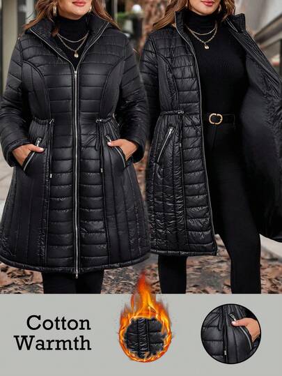 SHEIN Clasi Curvy Plus Size Women's Black Quilted Zipper Long Hooded Padded Jacket With Pockets, Warm And Comfortable,2025 New,Comfortable And Warm From The Cold,Plus Size Women Long Sleeve Pockets Casual Coat,Fall Women Clothes, Winter Clothes For Women,Vintage,Going Out Outfits,Fall Outfits,Winter For Women,Fall Clothes Plus Size, Office Outfits For Women,Fall Outfits For Women,Classy Outfits For Women,Women's Fall Clothes,Office,Halloween,Halloween Costumes,Halloween Clothes,Halloween Clothes Women,Fall Tops,Old Money Style Women,Plus Size Women Long Sleeve Pockets Casual Hooded   Coat,Quilted Coat,Zip Up,Women's Winter Clothes ,Christmas Women's Clothing,Suitable For Multiple Occasions Autumn