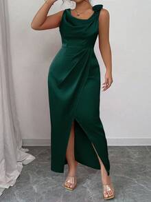 Elenzga 加大码女式梭织面料长款飘逸领缎面褶饰腰部无袖夏季优雅花卉装饰高开叉紧身派对鸡尾酒会连衣裙 - 墨綠色 - 查看 6