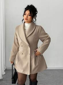 Elenzga Plus Size Fashionable Versatile Double-Breasted Overcoat, Autumn/Winter - Khaki - View 4