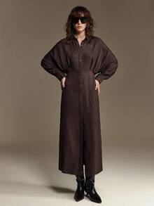 Ontre 2026SS Women's Elegant Minimalist Design Party Waist Pleated Long Sleeve Dark Coffee Chic Urban Casual Versatile Valentine's Day Dress, Loose Fit, Lapel Collar, Waist Cinched, Pleated, Casual Commuter Korean Style, Bat Wing Long Sleeve Single-Breasted Shirt Dress - Coffee - View 8