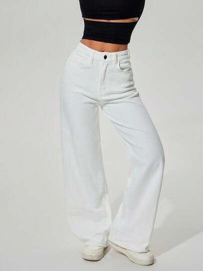 SHEIN ICON Casual Versatile Solid Color Loose Straight Leg White Jeans