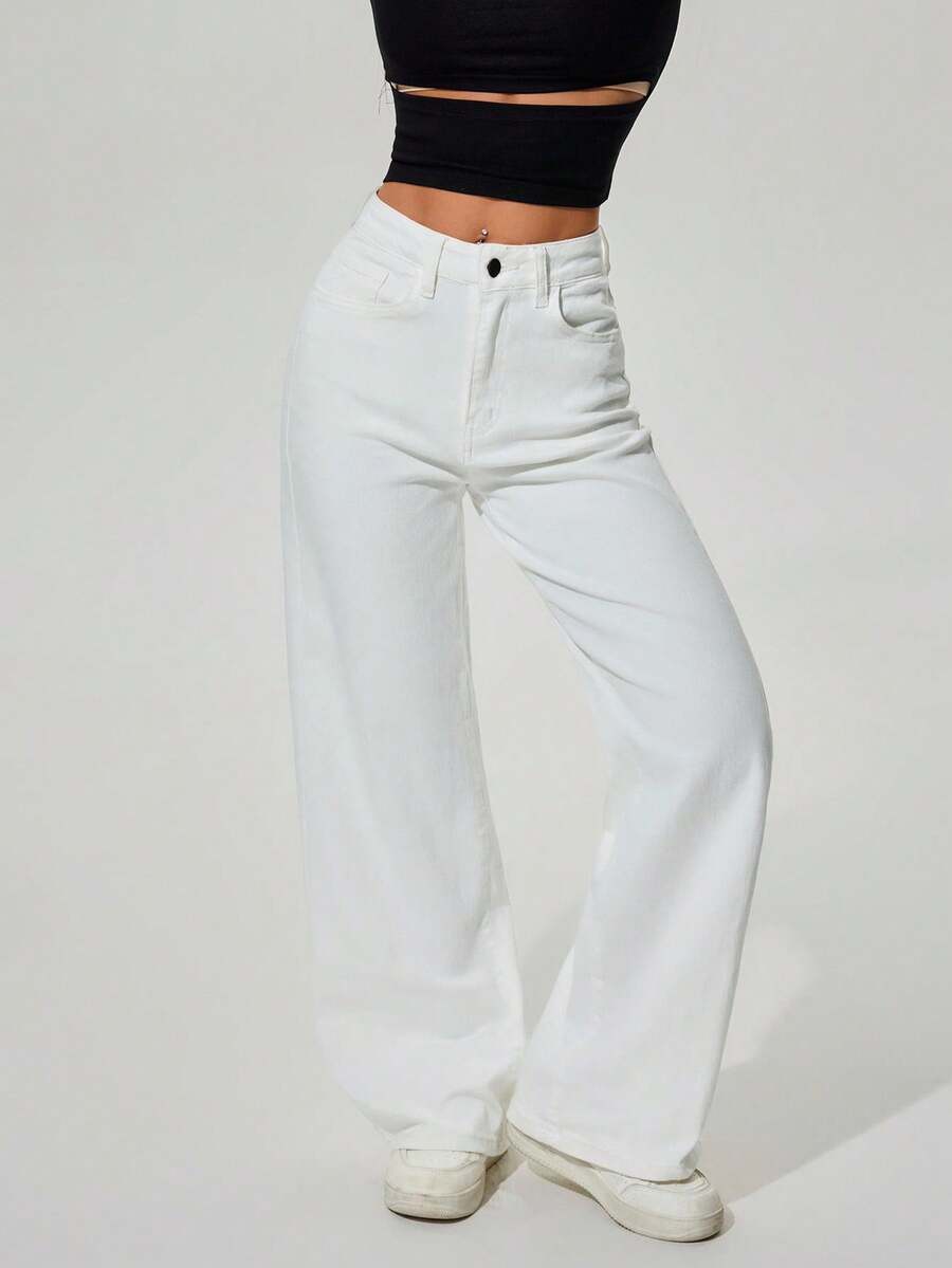 SHEIN ICON Casual Versatile Solid Color Loose Straight Leg White Jeans - White - View 1