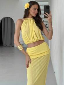 Aloruh 黄色性感透明露背露背短款上衣 + 超高开衩裙，度假装 - 黃色 - 查看 7
