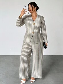 Firerie 大码女式两件套条纹西装、休闲通勤度假装、仿亚麻条纹阔腿裤套装、学校/返校服、乡村音乐会服装、复古风格、教师服装、秋季时尚、乡村音乐节、斯德哥尔摩风格衬衫和裤子套装裤装夏季套装 2 件套休闲套装女式条纹裤套装裤装/金属纽扣装饰西装外套/带口袋、腰部和 A 字型、优雅通勤、办公室女士服装、大码两件套西装 - 彩色 - 查看 4