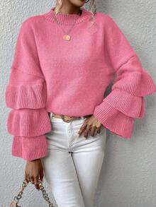 EMERY ROSE Women's Solid Color Round Neck Patchwork Ruffle Flare Sleeve Fashion Sweater, Autumn