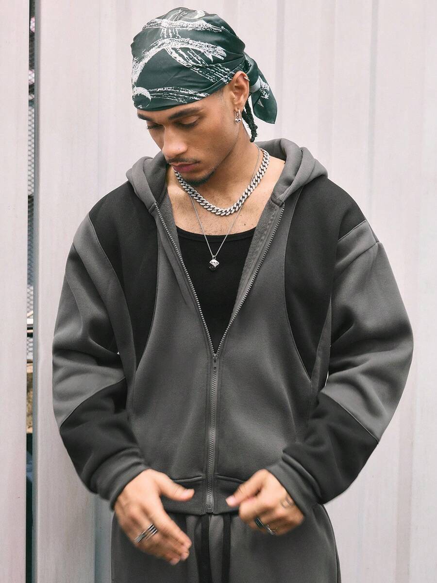 AXEPEAK Sudadera con capucha casual y versátil para hombres con parches de color contrastante, de felpa, para otoño e invierno