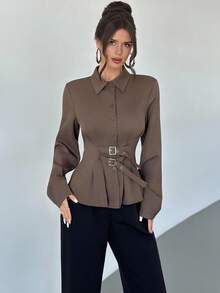 Firerie Women's Coffee Color Lapel Front Double-Breasted Loose Waist Open Cardigan Blouse, Fashion Shirt Top, Daily Commute Long Sleeve Shirt, Commute, Elegant, Work Attire - Coffee Brown - View 5