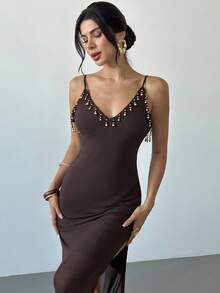 Firerie Women's Elegant Romantic Delicate Date Party Vacation Music Festival Bohemian Teacher Outfit V-Neck Tassel Texture Spaghetti Strap Eggplant Purple Maxi Dress, Summer - Purple - View 4