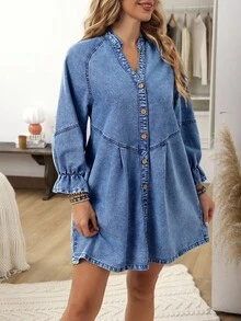 EMERY ROSE 大码休闲前扣牛仔连衣裙 - 藍色 - 查看 7