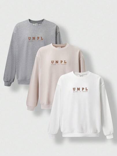 SHEIN 3 件/包男童超大圆领宽松长袖字母印花针织运动衫，温暖，适合旅行、居家、上学、日常穿着、春季、秋季、冬季，适合运动、度假、旅行