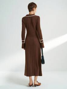 Airaco Deep Brown Commuter Open-Ended Pocket Decorated Knit Midi Dress, Autumn/Winter - Brown - View 3