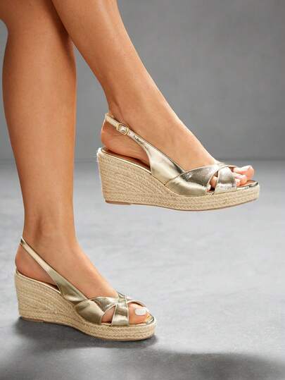 CUCCOO SZL Sandalias de cuña con cuerda dorada sin espalda para mujer, adecuadas para citas, fiestas, vacaciones, estilo bohemio