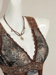 SHEIN ICON 女士性感火辣复古千禧风 Y2K 现代时尚个性前卫波西米亚风黑色佩斯利混色豹纹拼接网纱蕾丝撞色异域风情缎带V领修身上衣 - 彩色 - 查看 9