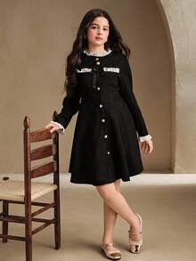 SHEIN 青少年女孩优雅复古荷叶边领扣前系带蝴蝶结装饰黑色长袖贴身迷你连衣裙，搭配秋冬夹克 - 黑色 - 查看 3