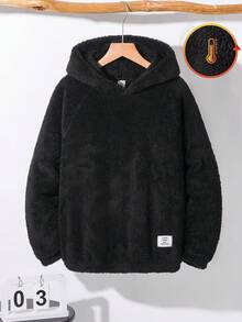 SHEIN 男童休闲日常舒适抓绒贴花卫衣，宽松套头衫，适合生日派对、晚宴、演出、婚礼、洗礼、开幕式等场合，日常穿着舒适，适合上学、旅行、运动，适合秋冬季节。带耳朵装饰，可爱秋季款。 - 黑色 - 查看 2