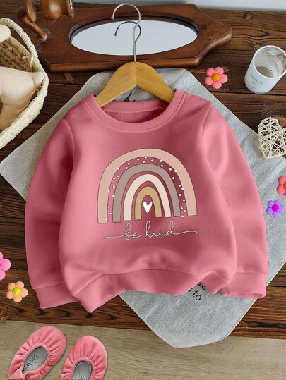 SHEIN Sudadera Para Niña Pequeña Con Estampado De Arcoíris Y Eslogan Lindo Con Forro Polar, Para Otoño E Invierno