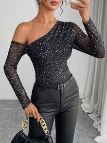 Almamuse Women's Fashion Metallic Polka Dot Mesh Print Off-Shoulder Long Sleeve Bodysuit - Black - View 3