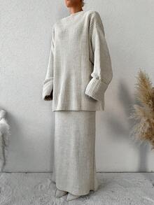 Drop Shoulder Sweater & Knit Skirt Without Belt - Beige - View 4