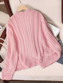 Franclia 博主风格宽松镂空碎花针织开衫，时尚设计 - 淺粉色 - 查看 7