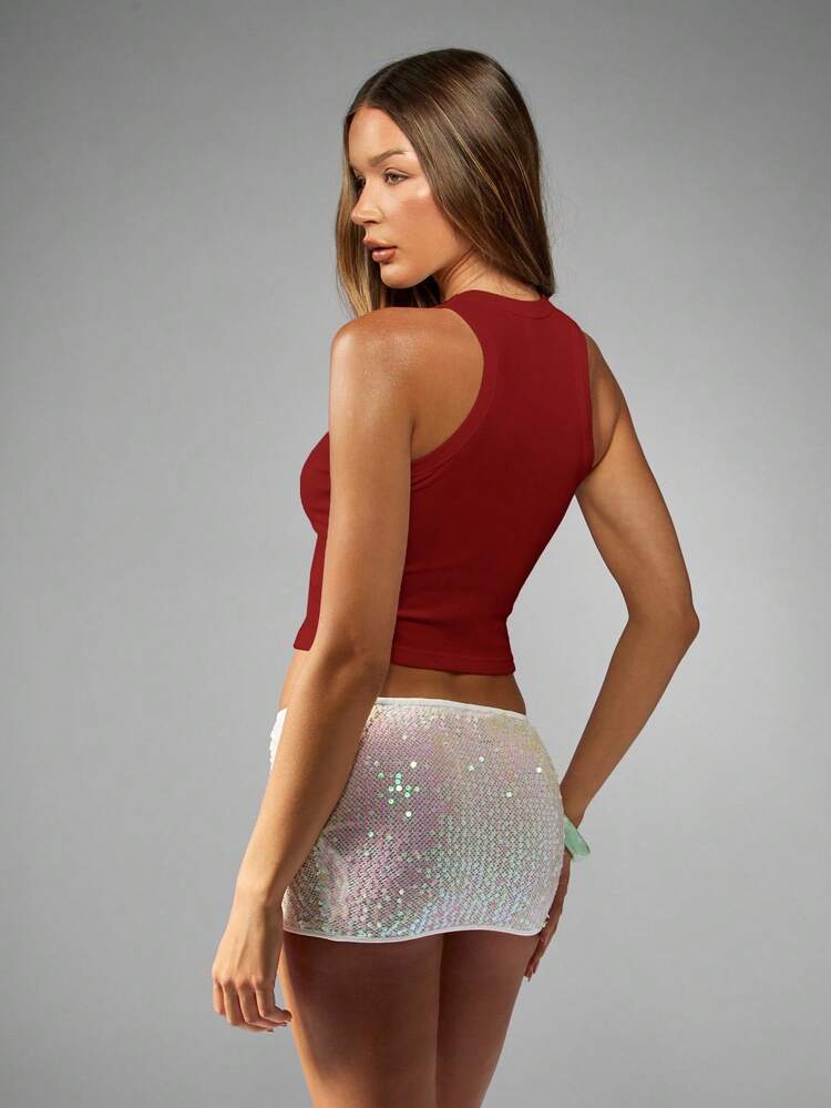 MISSGUIDED Sleeveless Knit Crop Top With Jellyfish Applique Detail High Neck Ribbed Tank Fashion Summer Beach Party Festival Stylish Casual Resort Wear