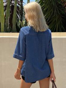 DAZY Áo sơ mi denim rách, rộng rãi, thoải mái dành cho nữ, Thu/Đông - Màu xanh lam - Xem 2