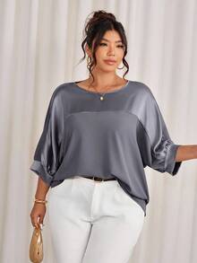 Cravure Maglione casual da donna oversize con scollo tondo, maniche a 3/4, tessuto metallizzato, inserti in tessuto a contrasto, polsini in tessuto jacquard, maniche raglan, adatto per uscite, vacanze, pendolarismo e feste