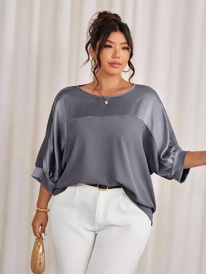 Cravure Camisa informal de manga 3/4 con cuello redondo, tela metálica, parches de contraste de color, puños de tela tejida, manga raglán, para salir, vacaciones, ir al trabajo, fiestas, talla grande