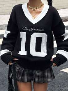 SHEIN 少女毛衣 少女拼色 V 领休闲宽松学院风图案套头毛衣 - 黑與白 - 查看 4