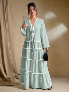 SHEIN Tall Áo khoác cardigan dệt họa tiết tay dài cỡ lớn cho nữ có thắt lưng buộc, thiết kế viền nhún bèo tương phản, chân váy maxi cạp chun, bộ 2 món phong cách Pháp thanh lịch lãng mạn - Màu xanh Bạc hà - Xem 4