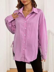 SHEIN Maternity Casual Commuter Striped Side Slit Tie-Up Shirt Button Up Women Shirt Women Shirts And Blouses Long Sleeve Blouses Tie Up Shirt Office Blouses - Pink - View 3