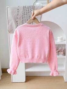 SHEIN Playful Pals Girls Handmade Bow Knitted Sweater Cardigan, Autumn/Winter Fall